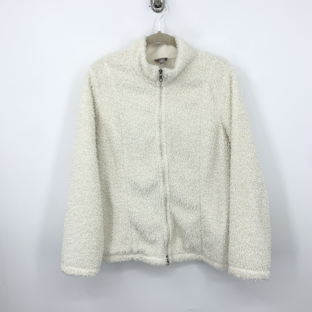 J Jill Women Size Large Jacket Cream White Curly Fleece‎ Zip Front Sweater Top